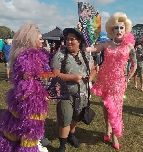 Image of CoCo Flash (left), Brooklyn Moeke (middle), and Erika (right) at the Wildfoods Festival 2023